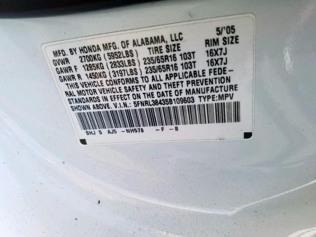 5FNRL38435B109603 - 2005 HONDA ODYSSEY EX WHITE photo 10