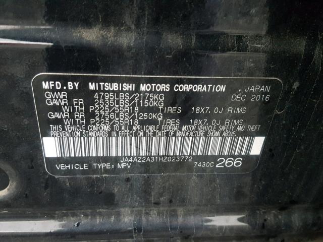 JA4AZ2A31HZ023772 - 2017 MITSUBISHI OUTLANDER BLACK photo 10