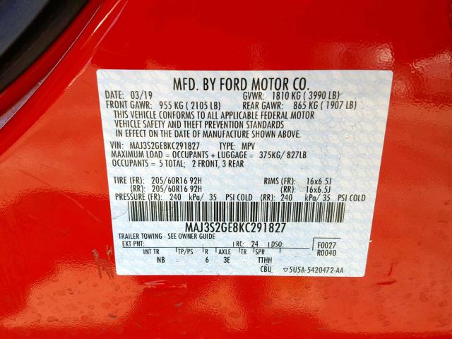 MAJ3S2GE8KC291827 - 2019 FORD ECOSPORT S RED photo 10