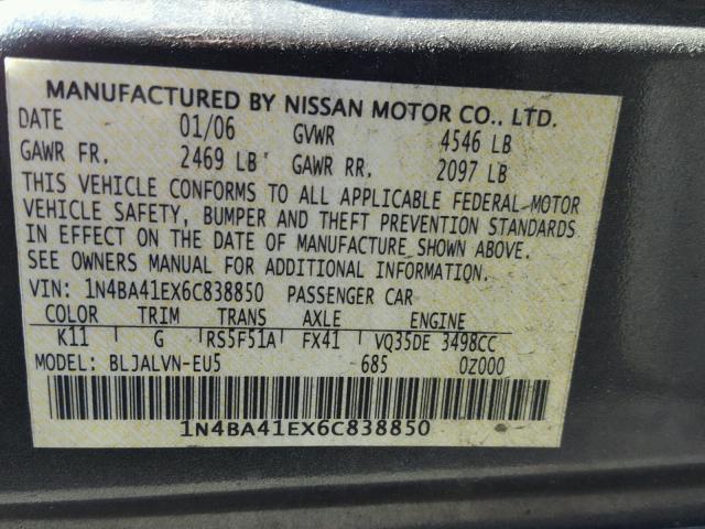 1N4BA41EX6C838850 - 2006 NISSAN MAXIMA SE GRAY photo 10