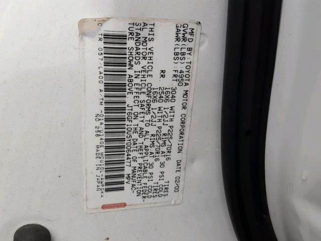 JT6GF10U5Y0064477 - 2000 LEXUS RX 300 WHITE photo 10