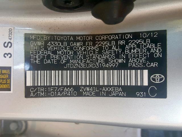 JTDZN3EUXD3194997 - 2013 TOYOTA PRIUS V SILVER photo 10