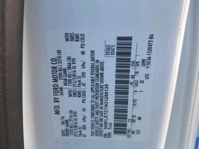 NM0LE7E79G1289135 - 2016 FORD TRANSIT CO WHITE photo 10