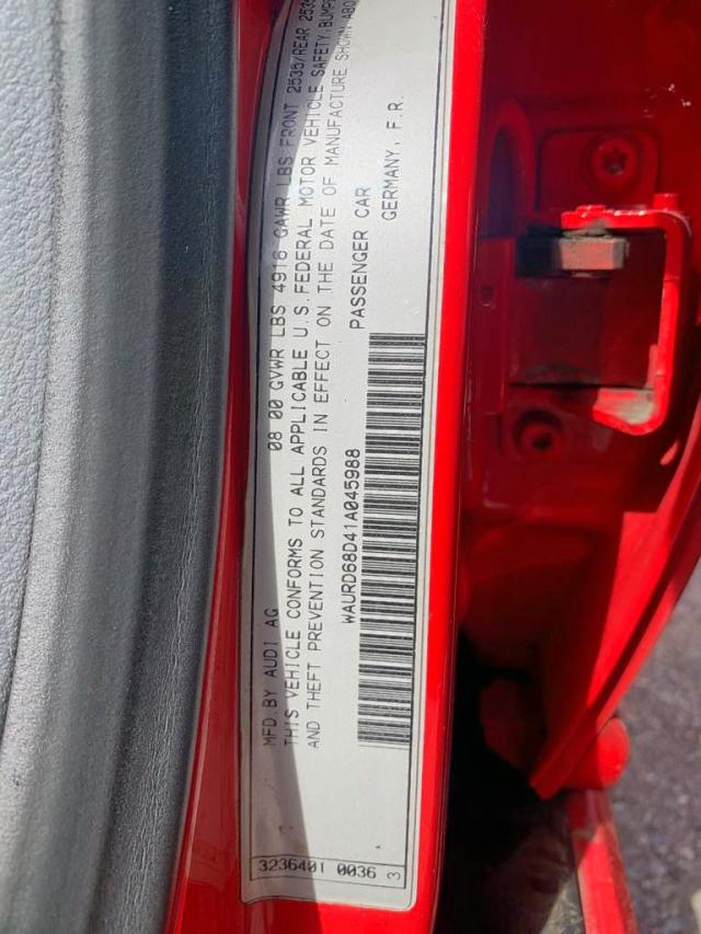 WAURD68D41A045988 - 2001 AUDI S4 2.7 QUA RED photo 8