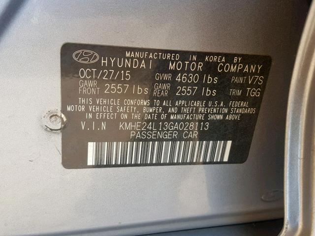 KMHE24L13GA028113 - 2016 HYUNDAI SONATA HYB SILVER photo 10