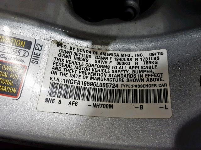 1HGFA16596L005724 - 2006 HONDA CIVIC LX SILVER photo 10