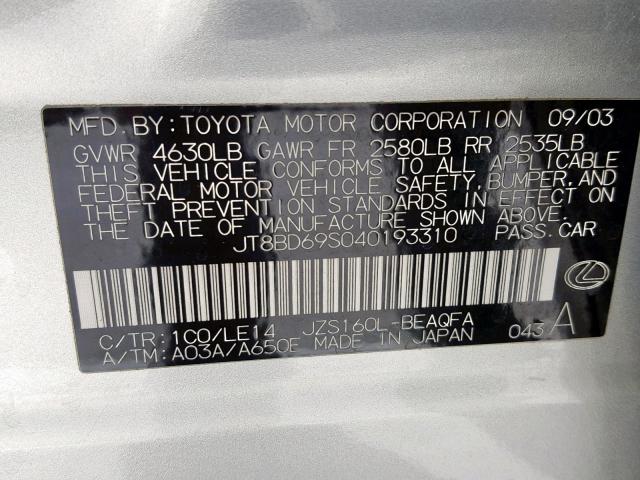 JT8BD69S040193310 - 2004 LEXUS GS 300 SILVER photo 10