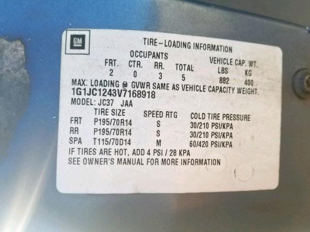 1G1JC1243V7168918 - 1997 CHEVROLET CAVALIER B BLUE photo 10