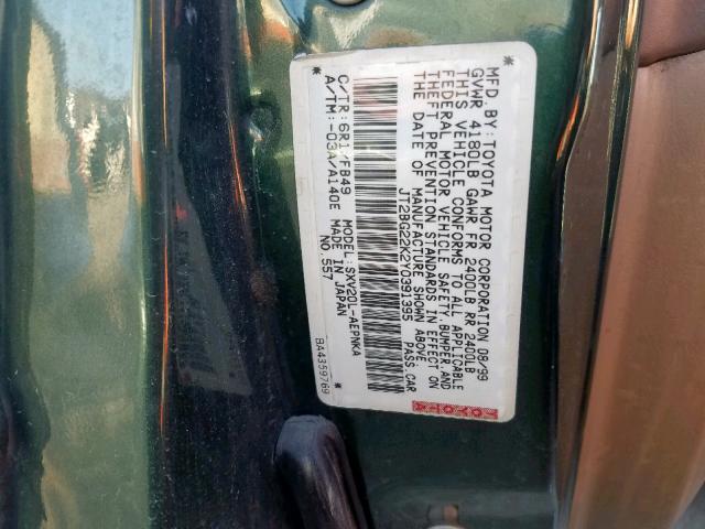 JT2BG22K2Y0391395 - 2000 TOYOTA CAMRY CE GREEN photo 10