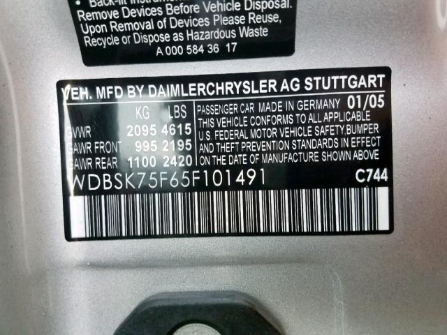 WDBSK75F65F101491 - 2005 MERCEDES-BENZ SL 500 SILVER photo 10