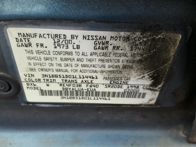 3N1BB51D01L114461 - 2001 NISSAN SENTRA SE BLUE photo 10