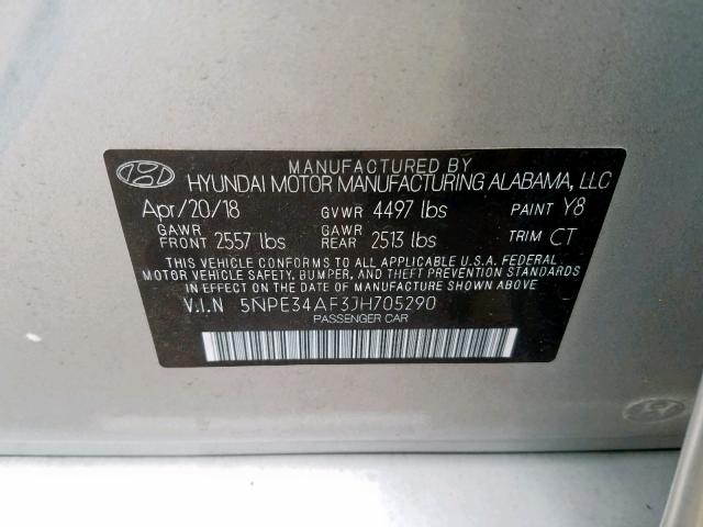 5NPE34AF3JH705290 - 2018 HYUNDAI SONATA SPO SILVER photo 10