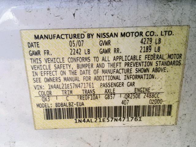 1N4AL21E57N471761 - 2007 NISSAN ALTIMA 2.5 WHITE photo 10