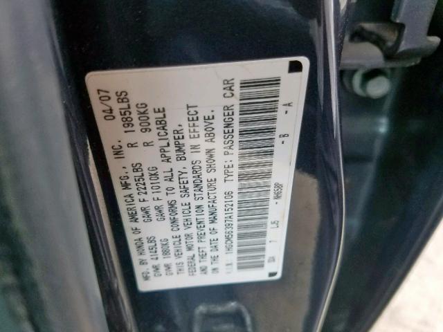 1HGCM56397A152106 - 2007 HONDA ACCORD SE GRAY photo 10