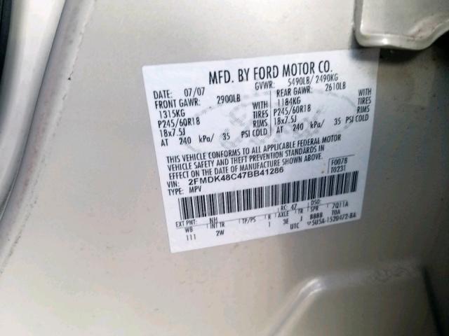 2FMDK48C47BB41286 - 2007 FORD EDGE SEL WHITE photo 10