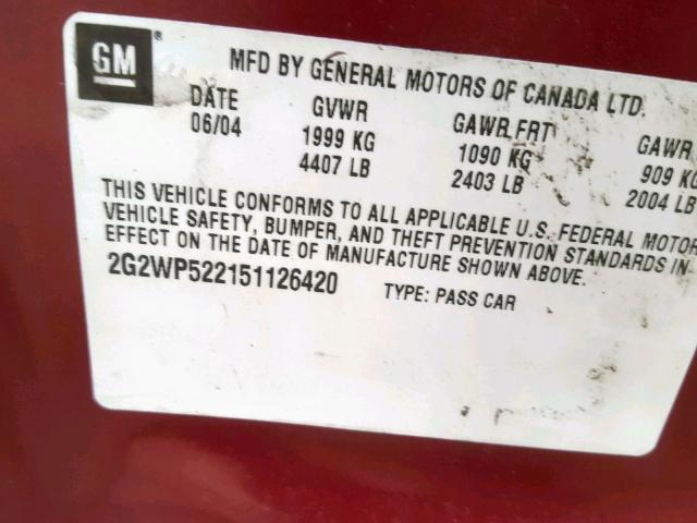 2G2WP522151126420 - 2005 PONTIAC GRAND PRIX BURGUNDY photo 10