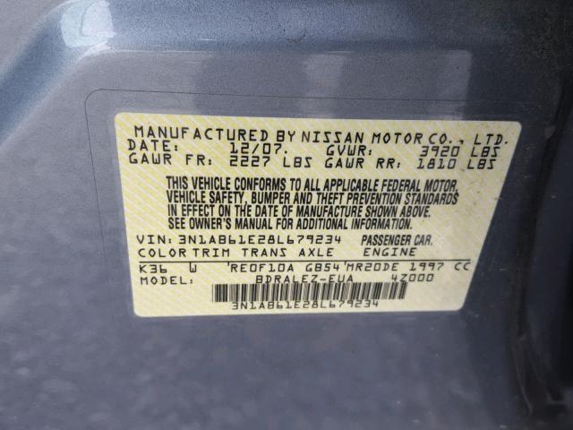 3N1AB61E28L679234 - 2008 NISSAN SENTRA 2.0 GRAY photo 10