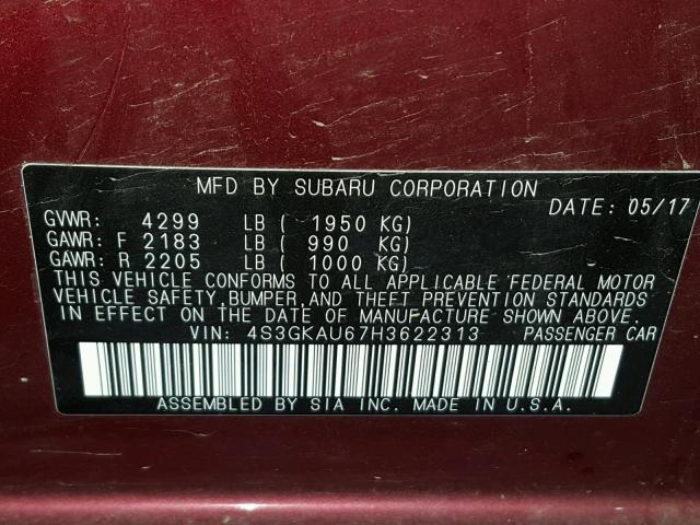 4S3GKAU67H3622313 - 2017 SUBARU IMPREZA LI RED photo 10