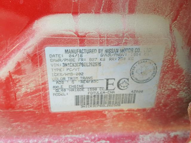 3N1CK3CP6GL262526 - 2016 NISSAN MICRA RED photo 10