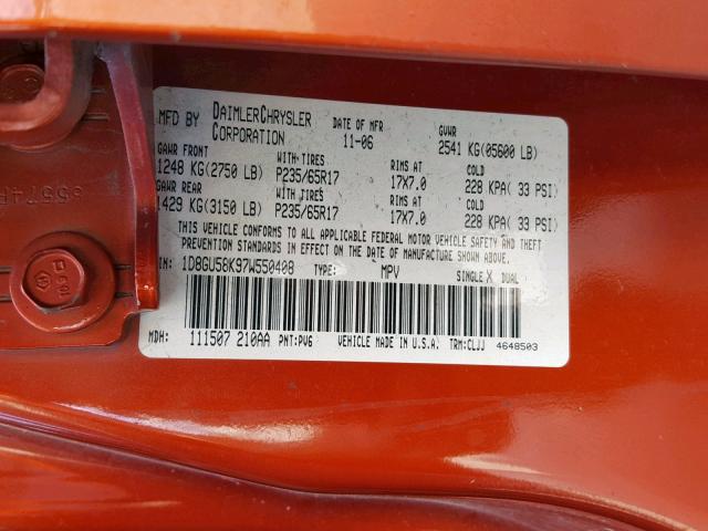 1D8GU58K97W550408 - 2007 DODGE NITRO SLT ORANGE photo 10