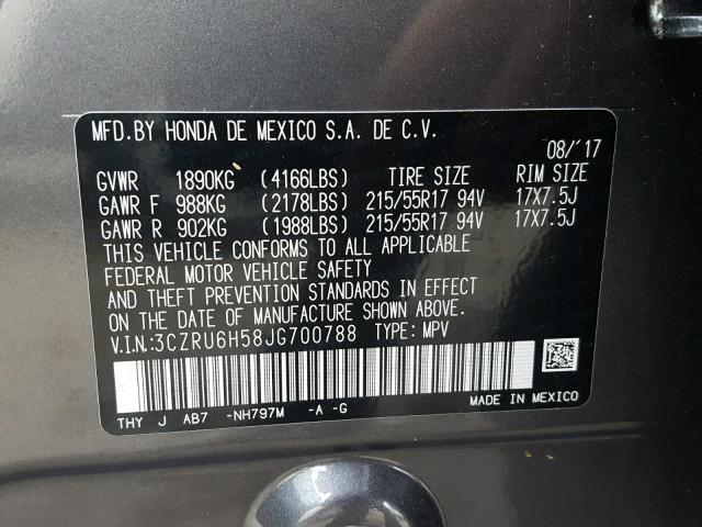 3CZRU6H58JG700788 - 2018 HONDA HR-V EX CHARCOAL photo 10