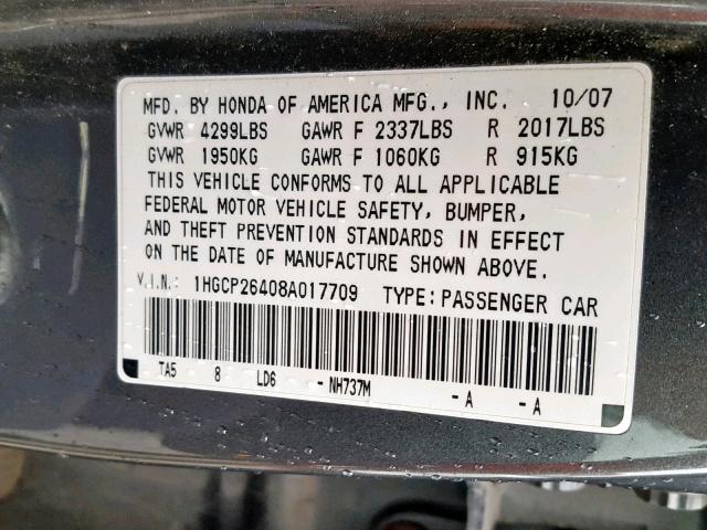 1HGCP26408A017709 - 2008 HONDA ACCORD LXP GRAY photo 10