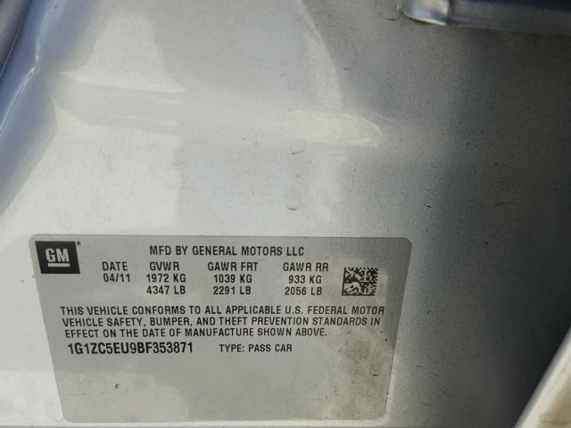 1G1ZC5EU9BF353871 - 2011 CHEVROLET MALIBU 1LT SILVER photo 10