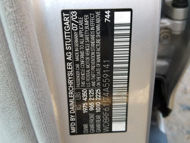 WDBRF61J74A559141 - 2004 MERCEDES-BENZ C 240 SILVER photo 10