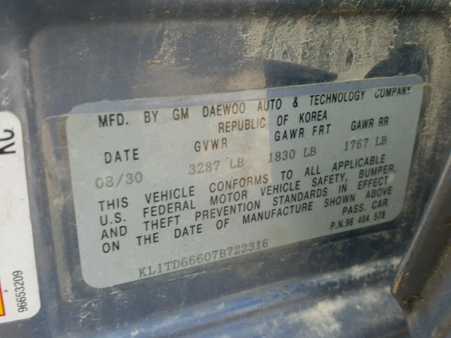 KL1TD66607B722316 - 2007 CHEVROLET AVEO BASE Көк фото 10