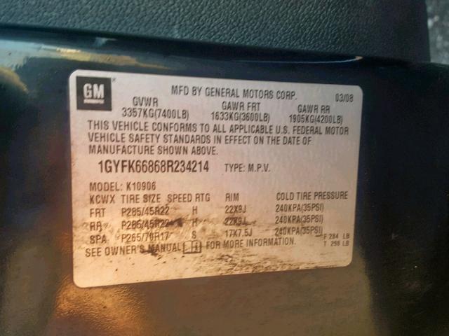 1GYFK66868R234214 - 2008 CADILLAC ESCALADE E BLACK photo 10