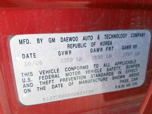 KL1TD56656B559199 - 2006 CHEVROLET AVEO BASE Қызыл фото 10