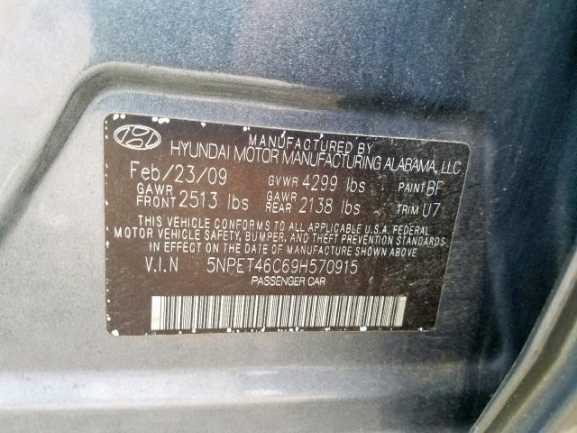 5NPET46C69H570915 - 2009 HYUNDAI SONATA GLS CHARCOAL photo 10