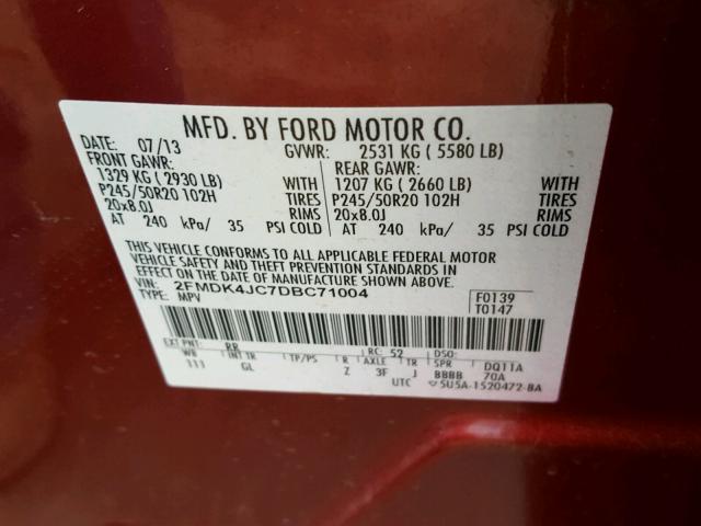 2FMDK4JC7DBC71004 - 2013 FORD EDGE SEL RED photo 10