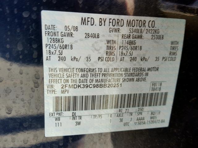 2FMDK39C98BB20251 - 2008 FORD EDGE LIMIT BLUE photo 10