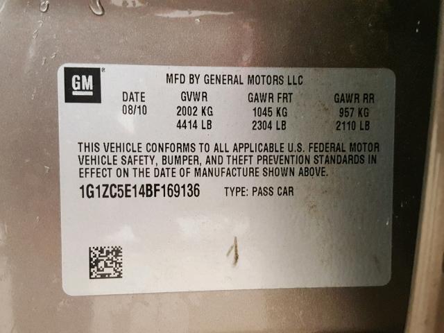 1G1ZC5E14BF169136 - 2011 CHEVROLET MALIBU 1LT 棕色 照片 10