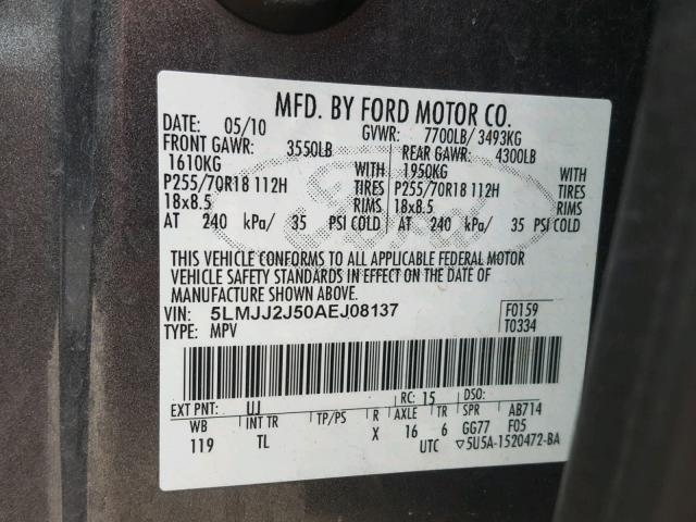 5LMJJ2J50AEJ08137 - 2010 LINCOLN NAVIGATOR 石墨色 照片 10