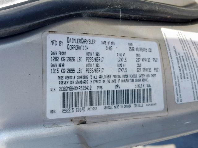 2C8GM684X4R539412 - 2004 CHRYSLER PACIFICA SILVER photo 10