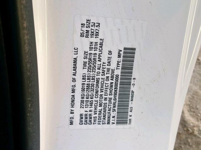 5FNRL6H90KB005000 - 2019 HONDA ODYSSEY EL WHITE photo 10