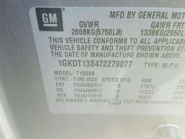 1GKDT13S472279077 - 2007 GMC ENVOY SILVER photo 10