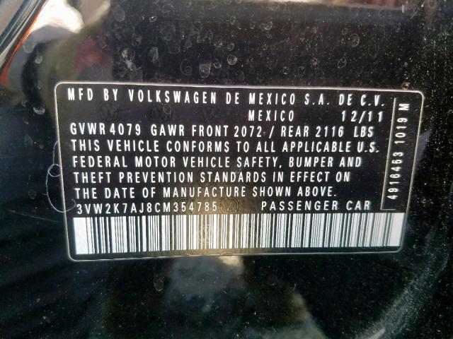 3VW2K7AJ8CM354785 - 2012 VOLKSWAGEN JETTA BASE BLACK photo 10