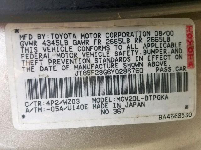 JT8BF28G6Y0286760 - 2000 LEXUS ES 300 BLACK photo 10