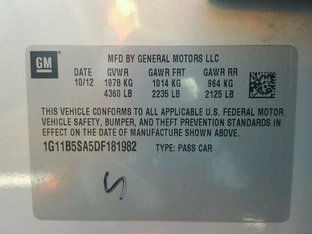 1G11B5SA5DF181982 - 2013 CHEVROLET MALIBU LS 银色 照片 10