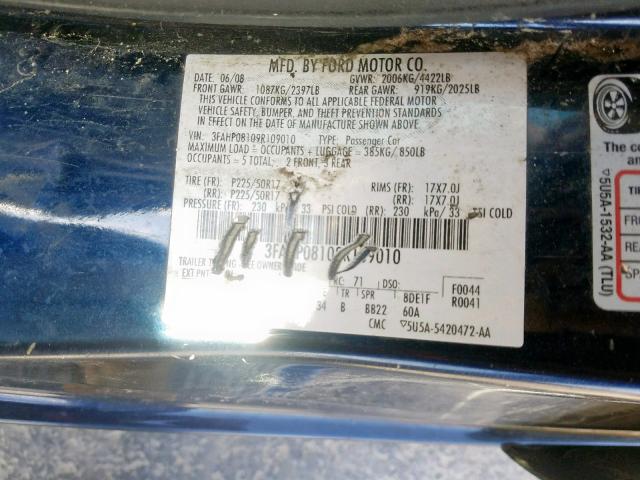 3FAHP08109R109010 - 2009 FORD FUSION SEL BLUE photo 10