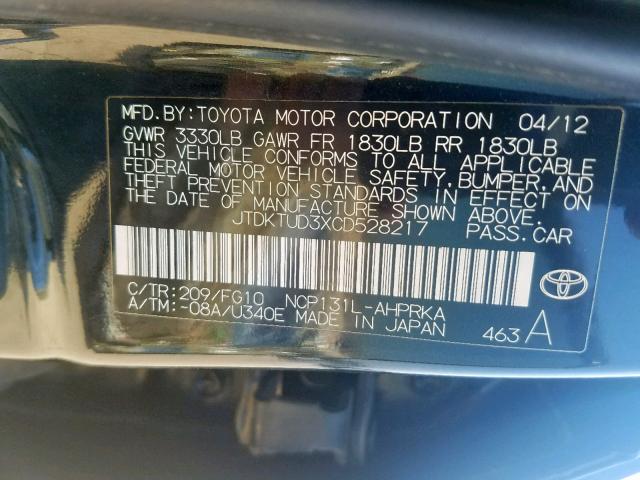 JTDKTUD3XCD528217 - 2012 TOYOTA YARIS BLACK photo 10