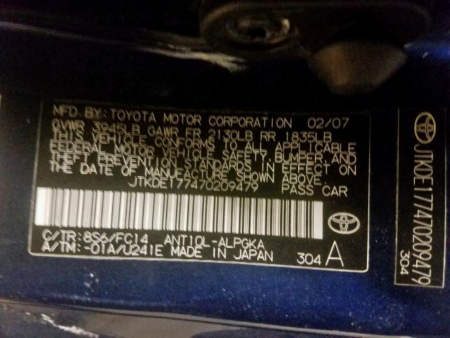 JTKDE177470209479 - 2007 TOYOTA SCION TC ლურჯი ფოტო 10