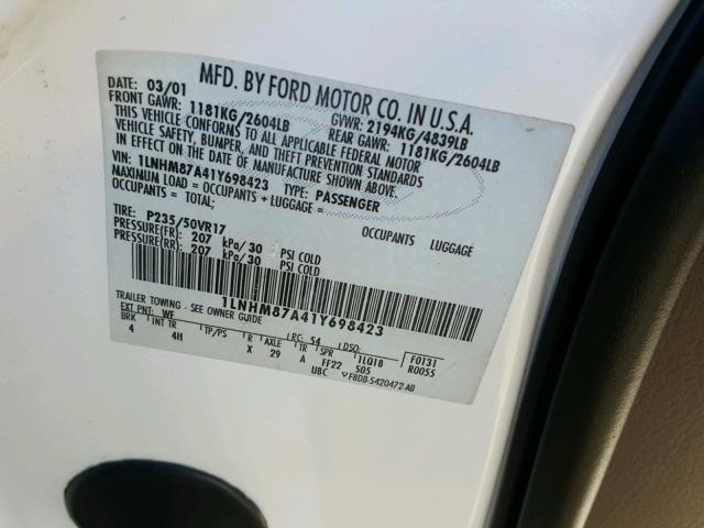 1LNHM87A41Y698423 - 2001 LINCOLN LS WHITE photo 10