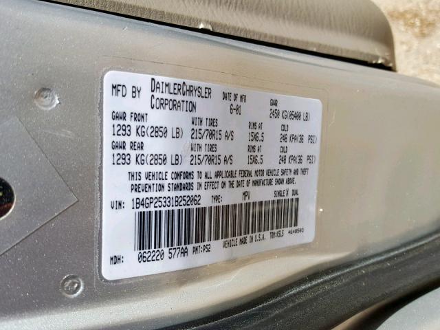 1B4GP25331B252062 - 2001 DODGE CARAVAN SE SILVER photo 10