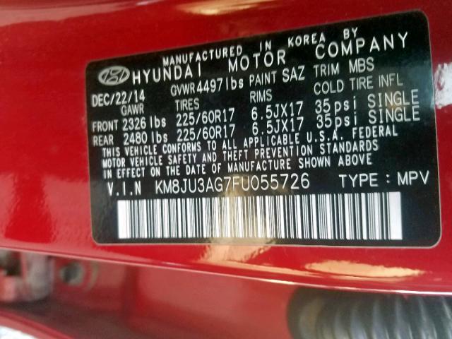 KM8JU3AG7FU055726 - 2015 HYUNDAI TUCSON LIM RED photo 10