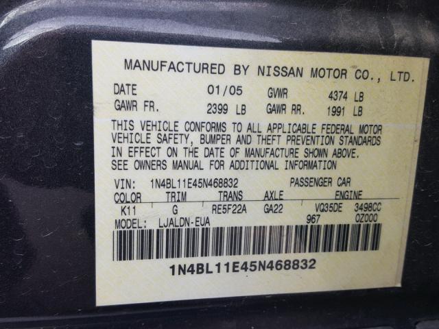 1N4BL11E45N468832 - 2005 NISSAN ALTIMA SE GRAY photo 10