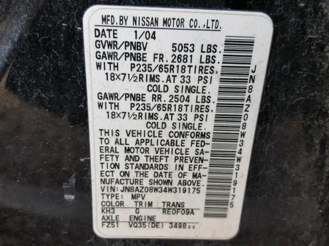 JN8AZ08W34W319175 - 2004 NISSAN MURANO SL/ BLACK photo 10